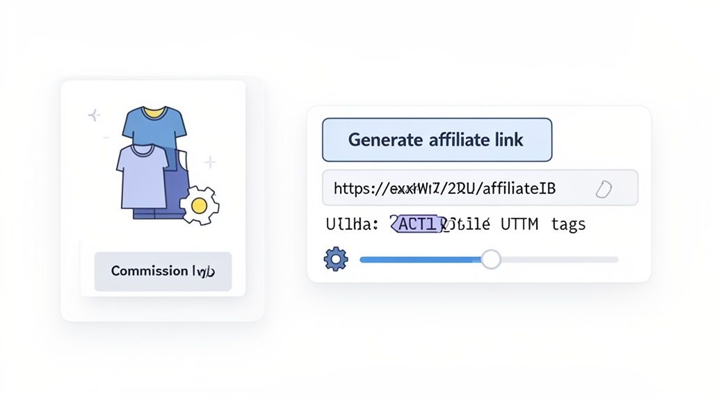 A user interface showing affiliate marketing tools to generate a custom affiliate link with UTM tags.