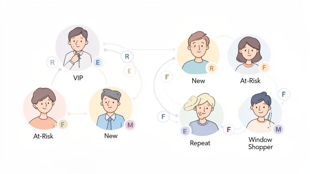 Diagram illustrating customer segmentation and lifecycle with states like VIP, New, At-Risk, Repeat, and Window Shopper.