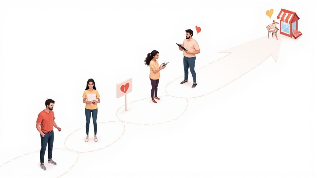 Customers on a referral program journey, moving along a path with hearts towards a rewarding shop.