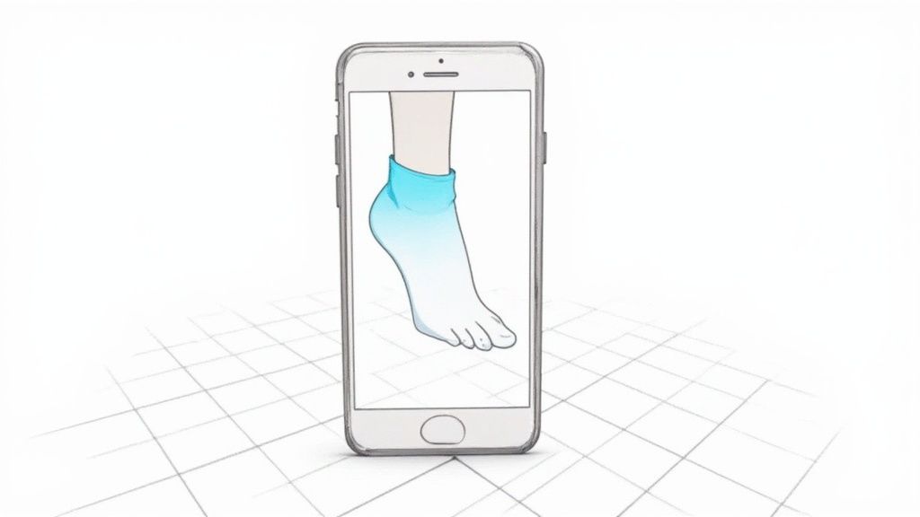 A person using the IKEA Place augmented reality app on their phone to visualize how a yellow chair would look in their living room.