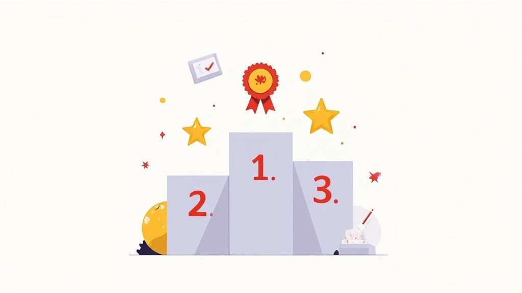 A winner's podium displaying rankings 1, 2, and 3, surrounded by a gold medal and stars.