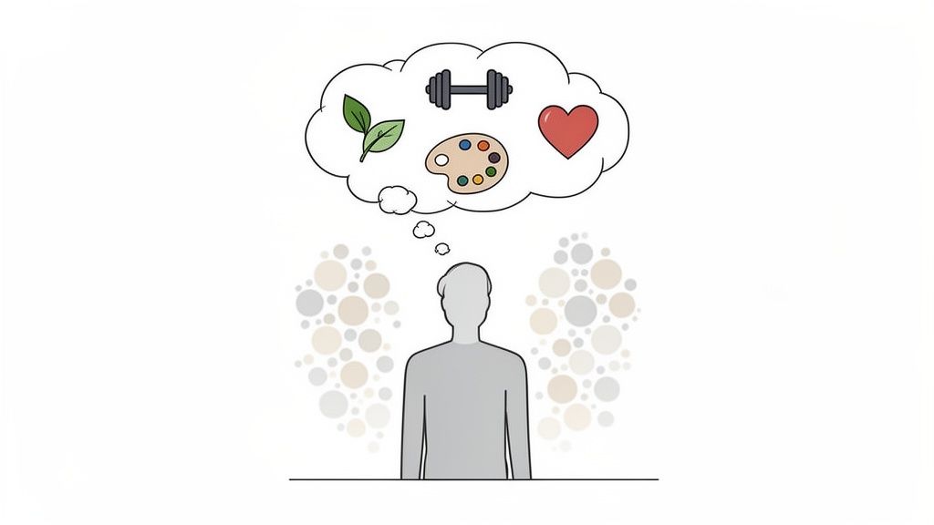 A silhouette of a person with a thought bubble containing icons for nature, fitness, art, and love.