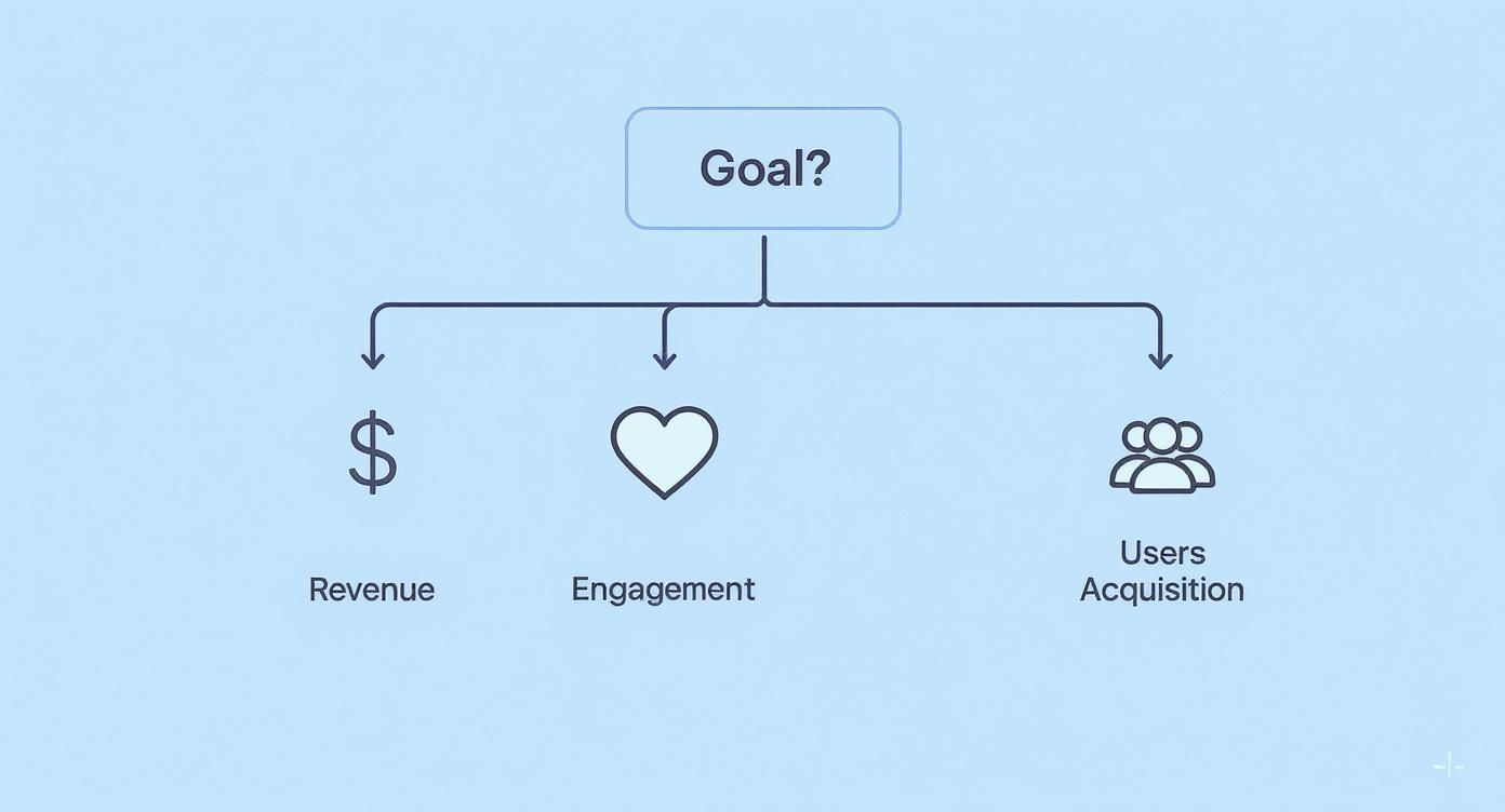 Flowchart showing three main business goals: revenue, engagement, and user acquisition branching from top