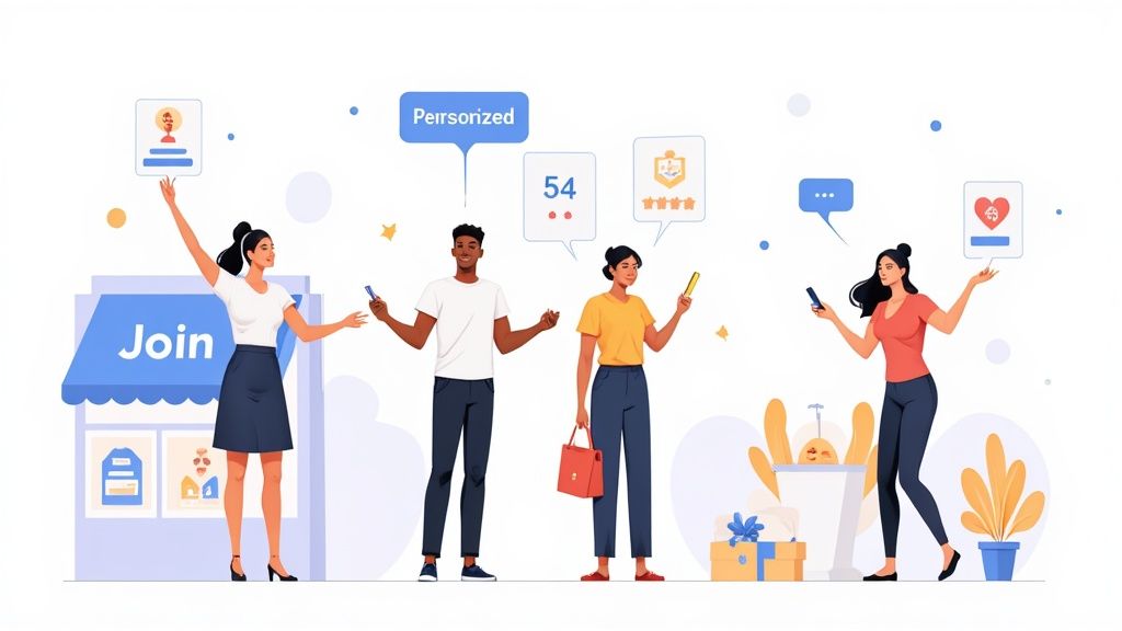 People using smartphones with personalized loyalty program features and rewards at digital storefront