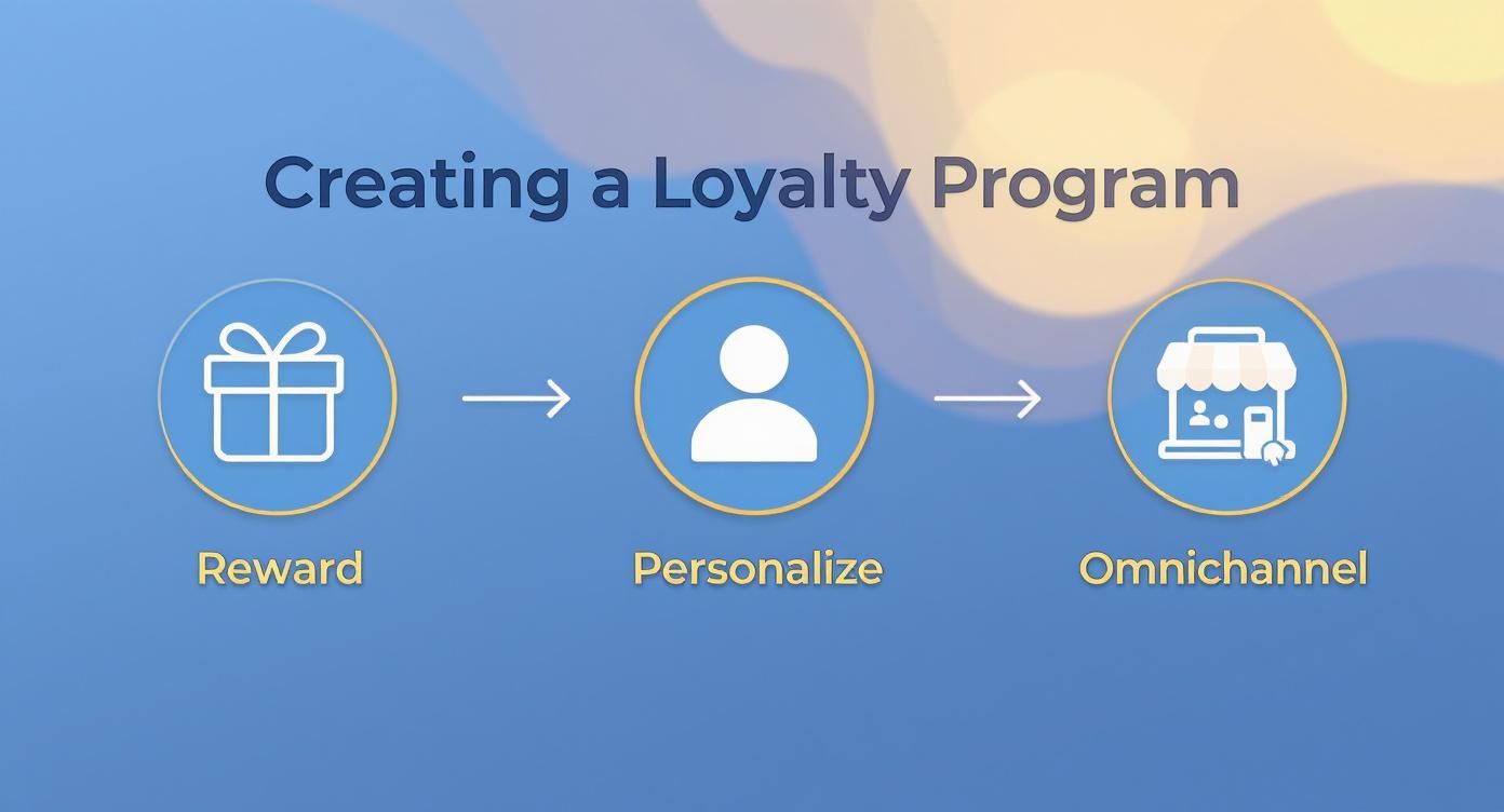 Diagram illustrating the steps for creating a loyalty program: Reward, Personalize, and Omnichannel experience.
