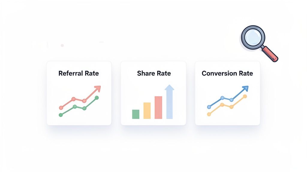 Three white cards displaying marketing metrics: Referral Rate, Share Rate, and Conversion Rate with growth charts and a magnifying glass.