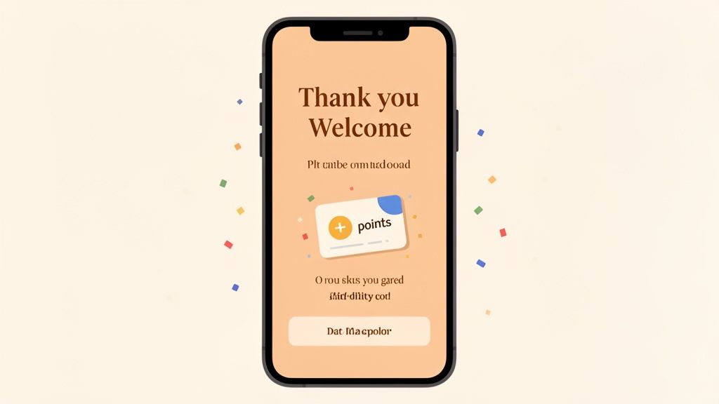 A smartphone screen displaying a welcome message with a 'points' card and confetti, signifying a reward program.