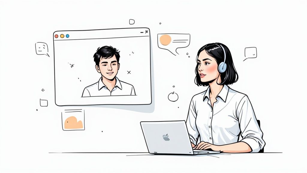 A customer success manager proactively helping a customer on a laptop, preventing issues.