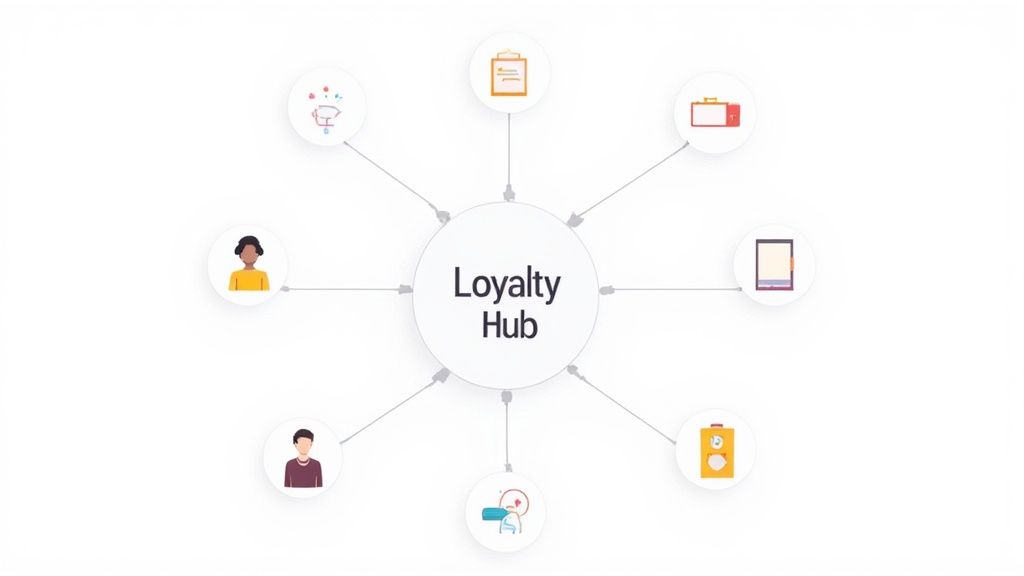 Diagram illustrating a Loyalty Hub connecting customer profiles, business tools, digital devices, and transactions.