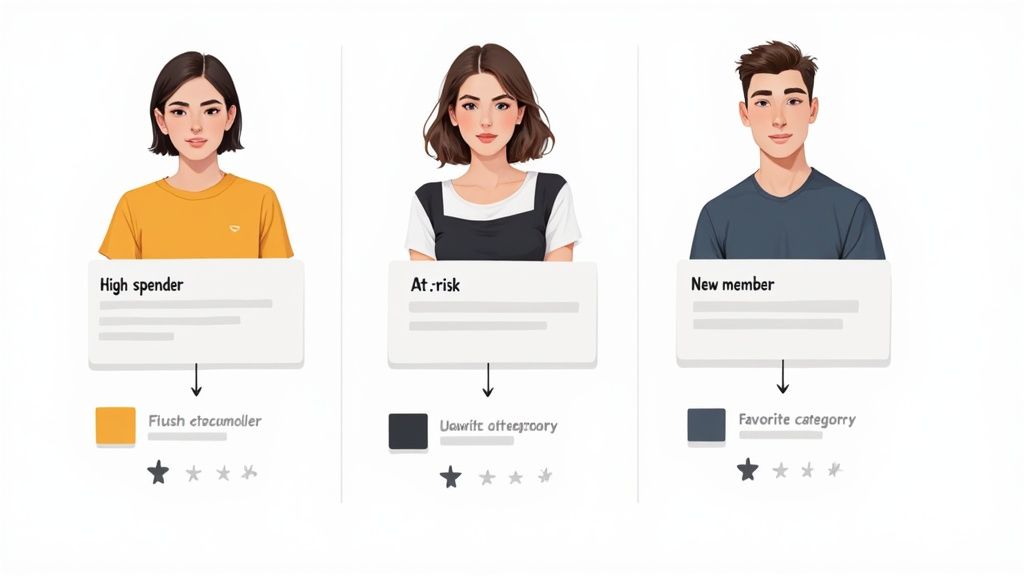 Three customer segments for loyalty programs: high spender, at-risk customer, and new member with categories
