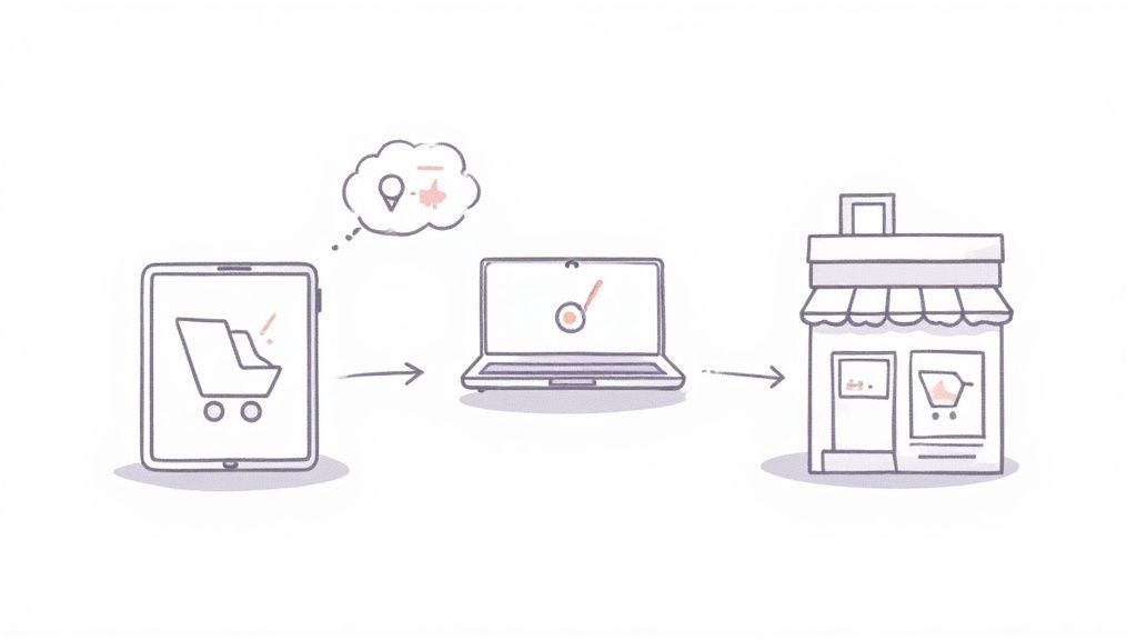 Illustration of online customer engagement leading to in-store experience, connecting digital and physical retail.