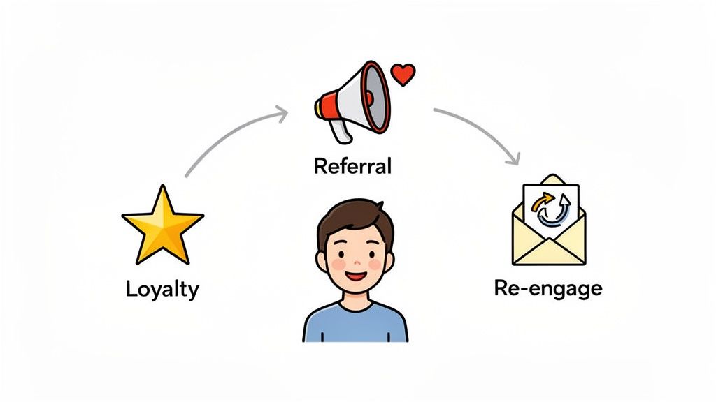 Diagram showing customer loyalty, referral, and re-engagement strategies centered around a happy customer.