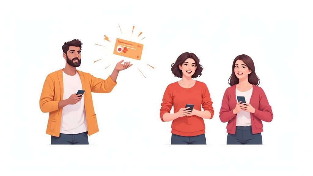 A woman holding a smartphone displaying a digital loyalty card from her favorite coffee shop.