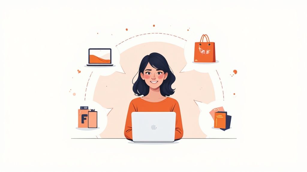 A customer using her smartphone, laptop, and interacting with a brand in a physical store, showing the different channels she uses.