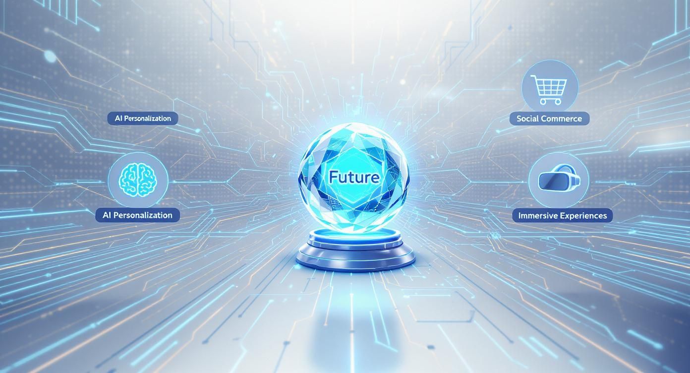 A futuristic crystal ball displaying 'Future' surrounded by icons for AI personalization, social commerce, and immersive experiences.