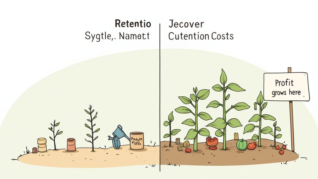 Illustration comparing early investment in retention with small plants to a garden yielding profit through nurtured growth.