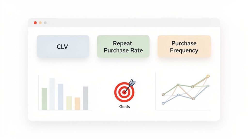 A digital dashboard displaying CLV, Repeat Purchase Rate, Purchase Frequency, and various charts for business goals.