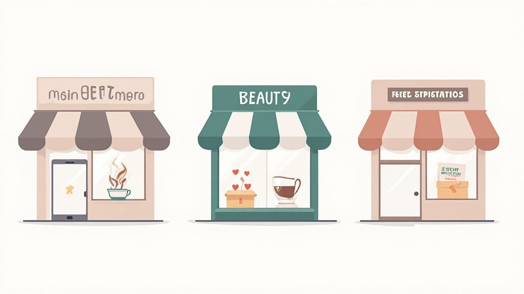 Three colorful cartoon storefronts: a coffee shop, a beauty store, and a delivery service.