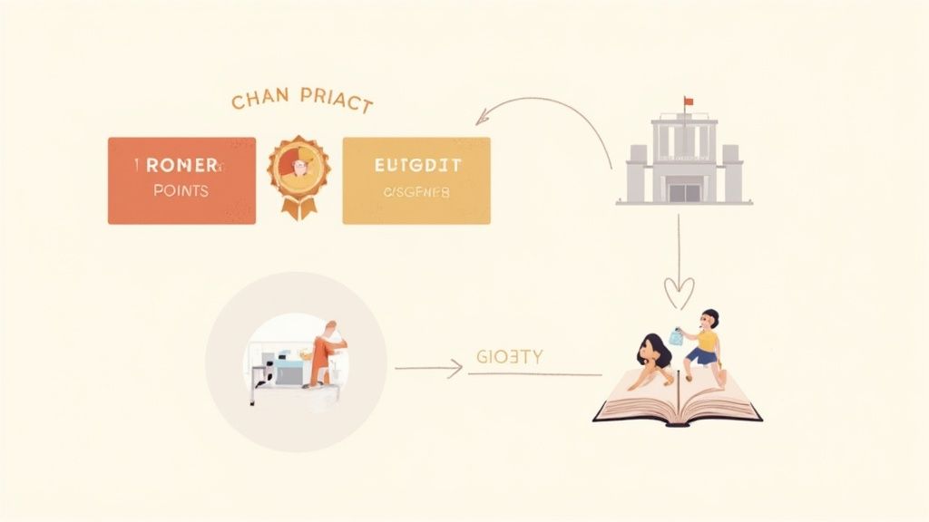 Diagram illustrating a loyalty system with points, rewards, a building, a person cooking, and children reading.