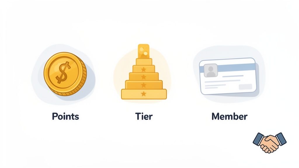 Icons representing points, tiers, and member benefits for a loyalty program, with a handshake.