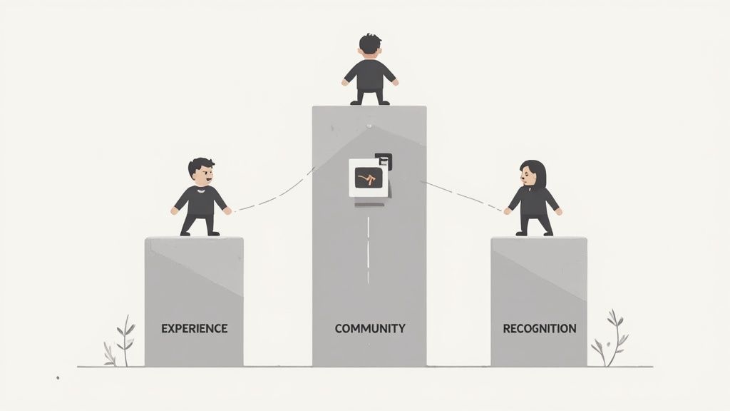 Three people stand on pillars labeled Experience, Community, and Recognition, connected by a central icon.