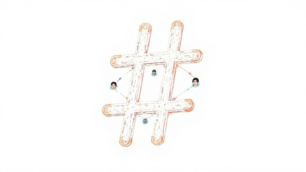 A network of four cartoon user heads connected by dashed lines to a large, textured hashtag symbol.