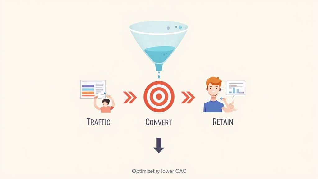 A person pointing to a rising graph on a whiteboard, surrounded by icons for SEO, customer loyalty, and targeted ads.