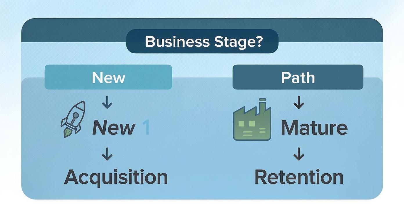 A business stage diagram showing the 'New' path leading to 'Acquisition' and the 'Path' (Mature) leading to 'Retention'.