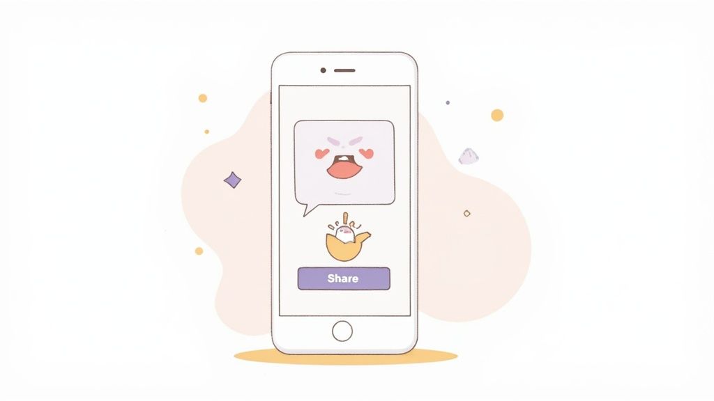 Mobile phone displaying sharing interface with emoji stickers and purple share button illustration