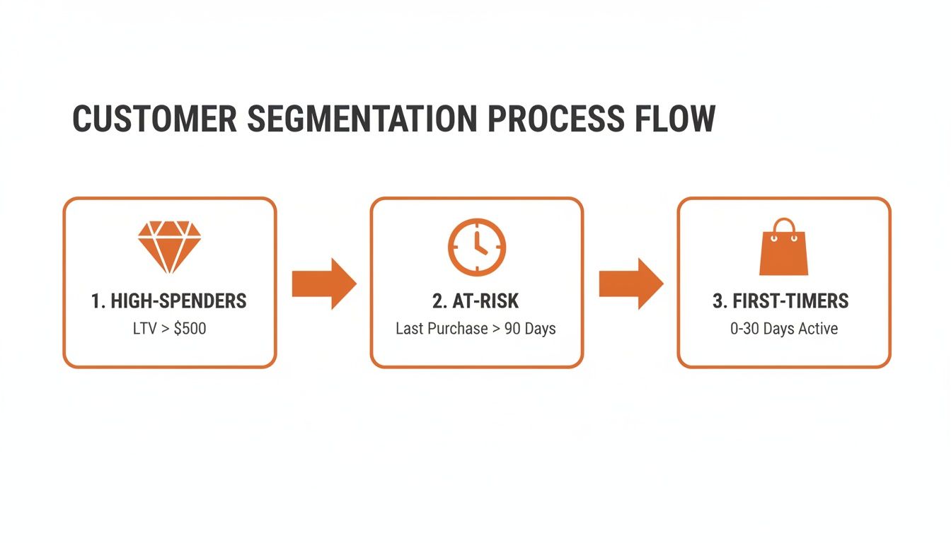 A customer segmentation process flow diagram showing high-spenders, at-risk, and first-timers segments.