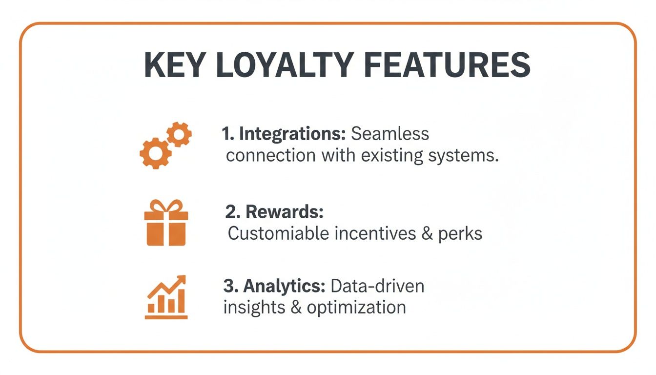An infographic detailing three key loyalty features: Integrations, Rewards, and Analytics with corresponding icons.