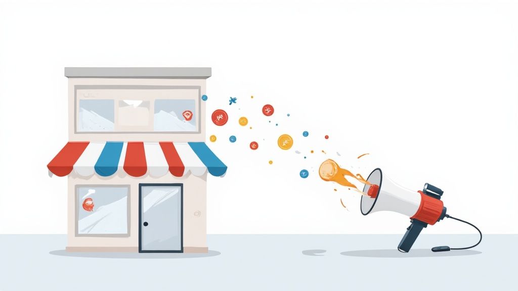 Megaphone broadcasting social media icons from online store illustrating digital marketing and ecommerce growth