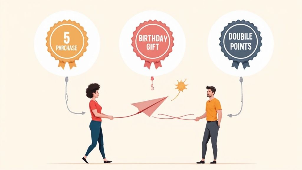 A smartphone displaying a digital loyalty card with gamified badges and a referral link.