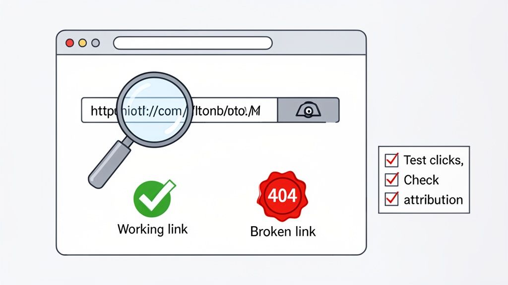 A browser illustrating checking for working or broken links with a checklist for testing clicks and attribution.