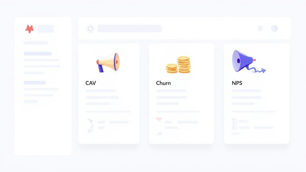 Dashboard displaying customer acquisition value, churn rate, and Net Promoter Score metrics with relevant icons.