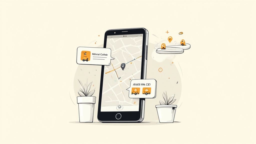 A mobile app interface showing the Uber referral screen with a unique code and options to share via message, email, or social media.