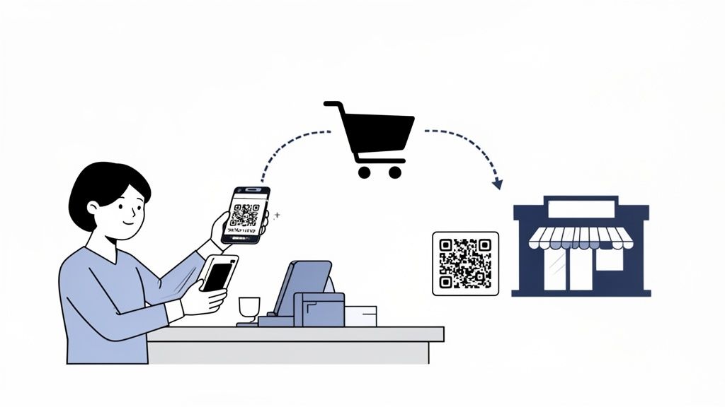 Illustration of a person using a smartphone with a QR code for mobile payment or rewards at a store.