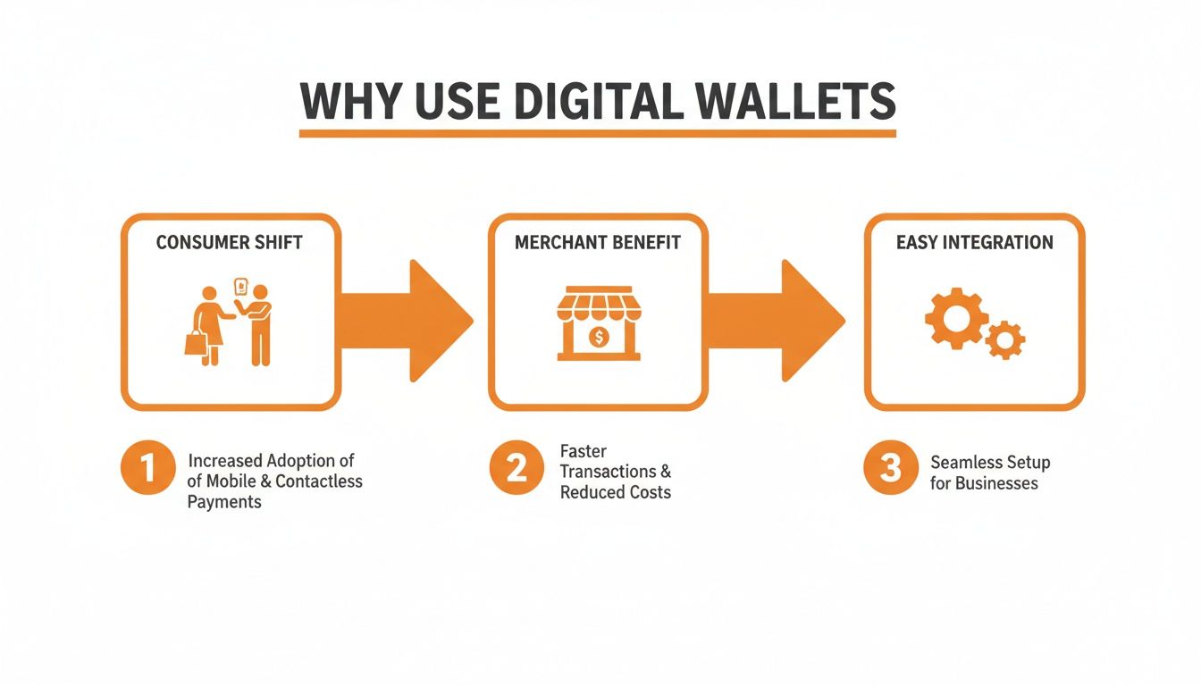 Infographic explaining why digital wallets are beneficial, highlighting consumer shift, merchant benefits, and easy integration.