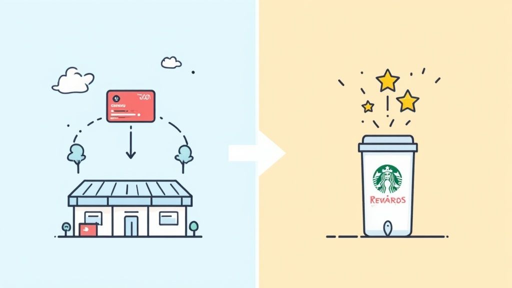 Illustration of a credit card transaction at a store leading to Starbucks rewards and customer loyalty.