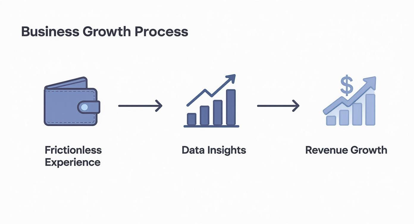 Business growth process diagram showing frictionless experience leading to data insights and revenue growth