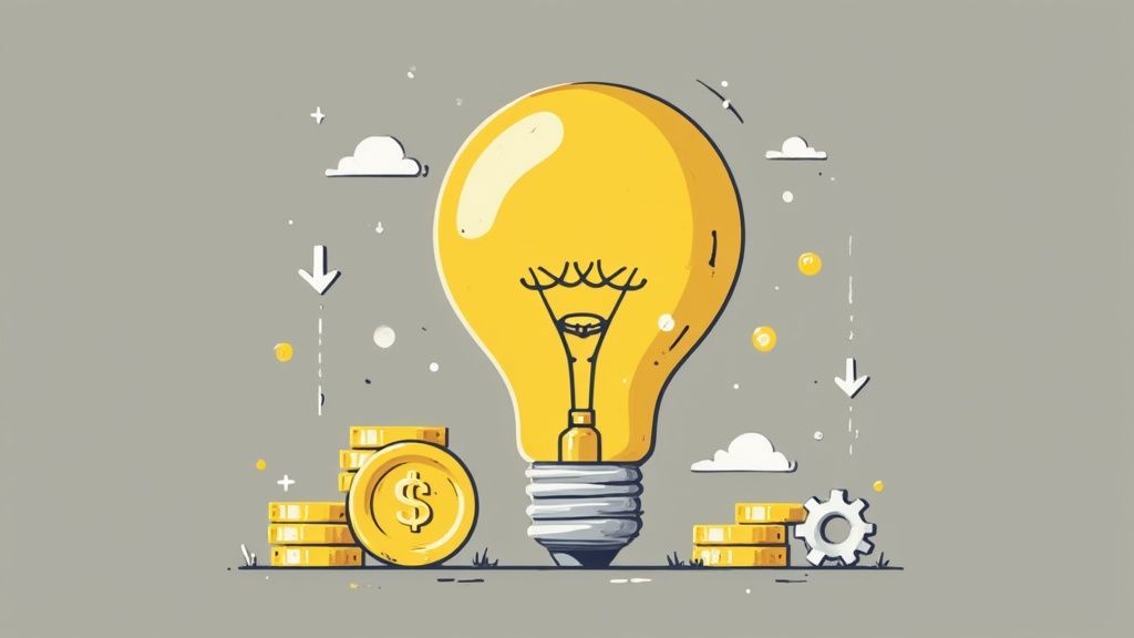 An image showing a lightbulb with a dollar sign inside, representing smart spending ideas.