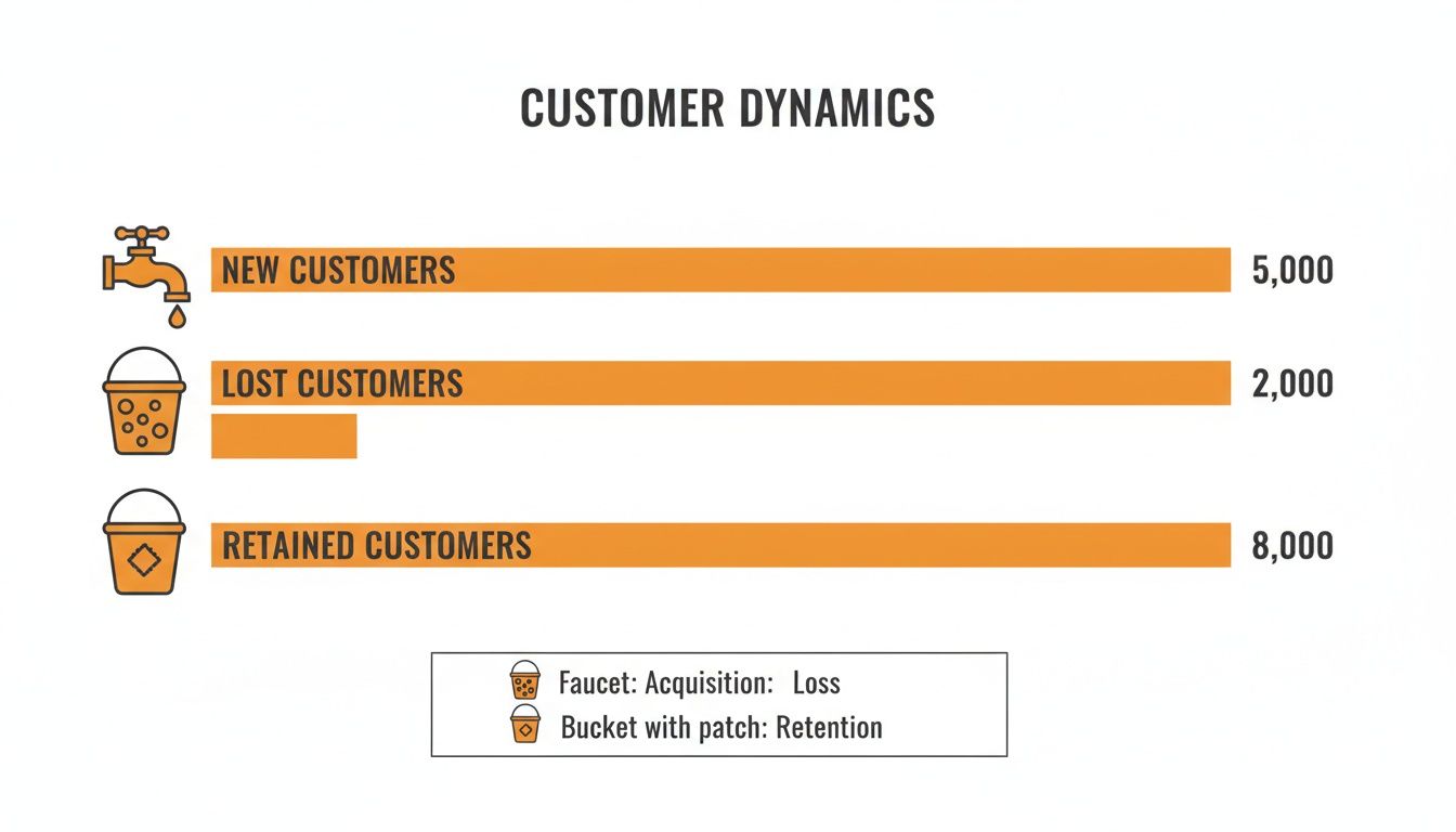 Bar chart visualizing customer dynamics: 5,000 new, 2,000 lost, and 8,000 retained customers.
