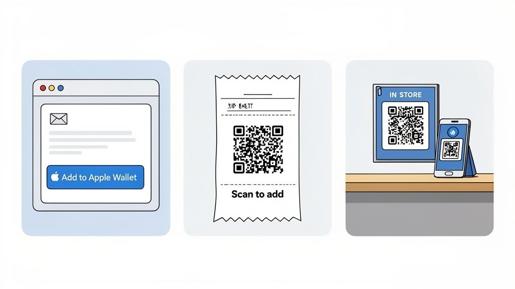 Illustrations of adding passes to Apple Wallet via digital button, QR code on receipt, and in-store scan.