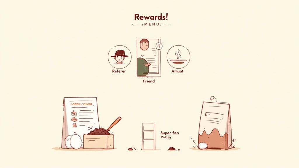 An illustrated rewards menu showing a referer, friend, and various coffee-themed items.