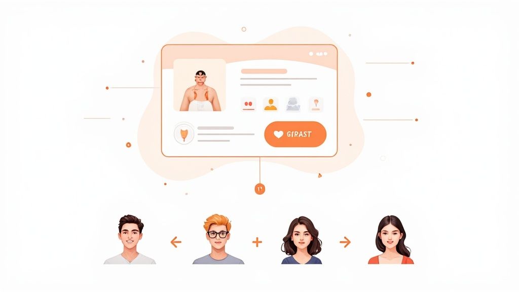 Illustration of a web browser showing a profile with a medical figure and diverse user avatars below.