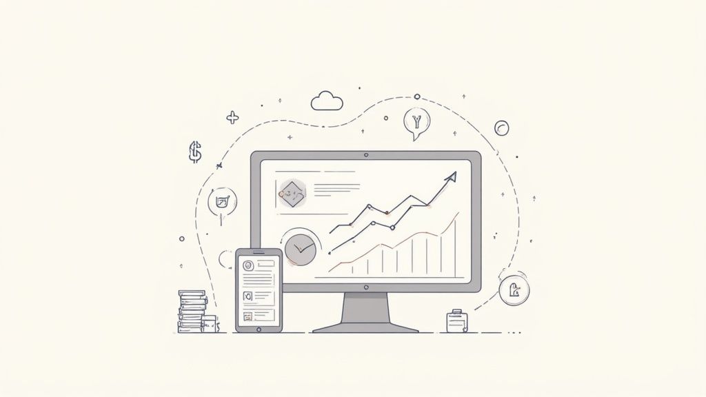 Computer monitor displaying analytics dashboard with upward trending graphs and business growth metrics illustration