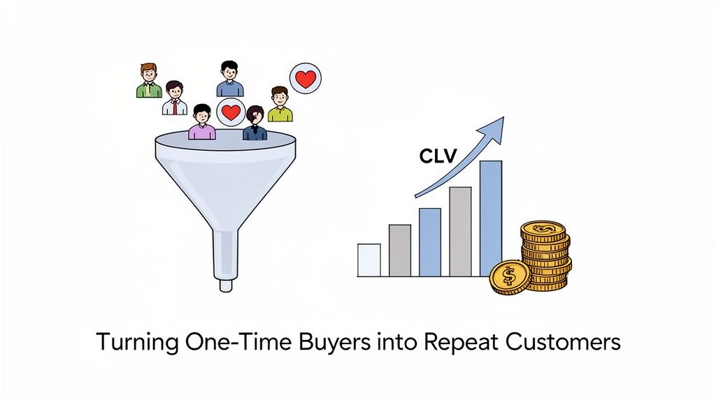 Funnel illustrating conversion of one-time buyers into repeat customers, increasing Customer Lifetime Value (CLV) and revenue.