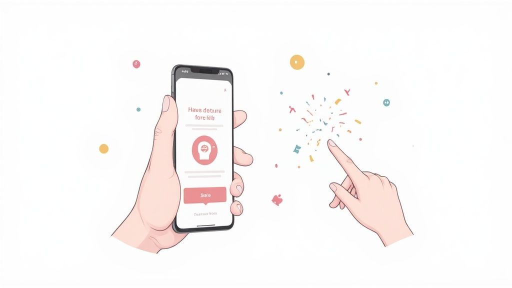 Illustration of a hand holding a smartphone showing an app, with another hand interacting with digital confetti.