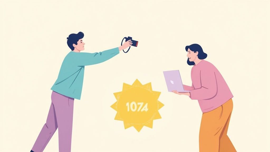 An illustration of a man with a camera and a woman with a laptop, beside a '1074' sun icon.