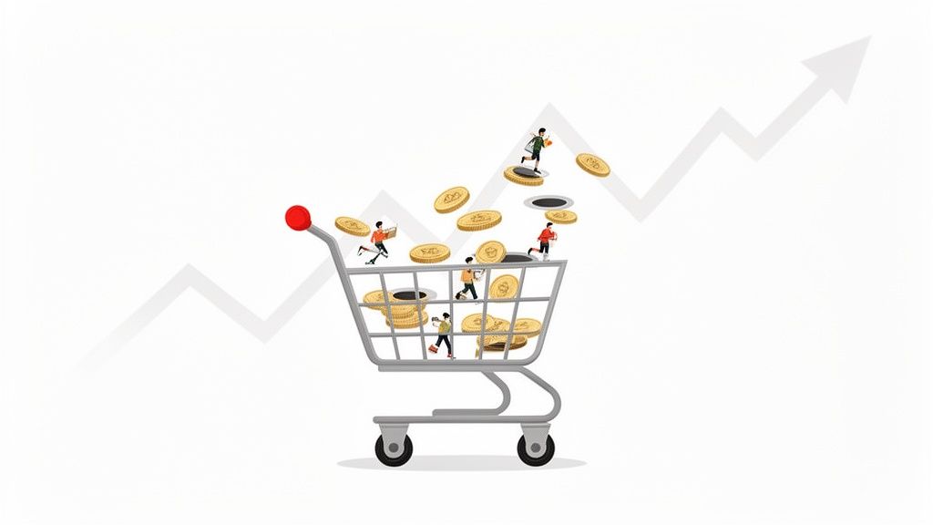Illustration of a shopping cart with coins, tiny people, and holes, symbolizing customer attrition and financial loss.